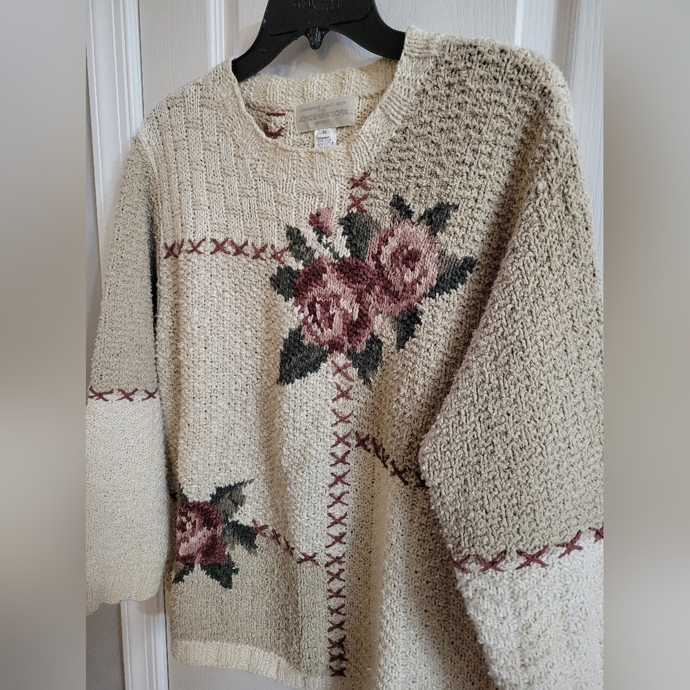 Vintage 90s Jones New York Hand Knit Floral Cottagecore Sweater Ramie Linen Med - Picture 3 of 7
